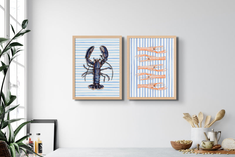 painted framed lobster kitchen art print in kitchen above white kitchen worktop