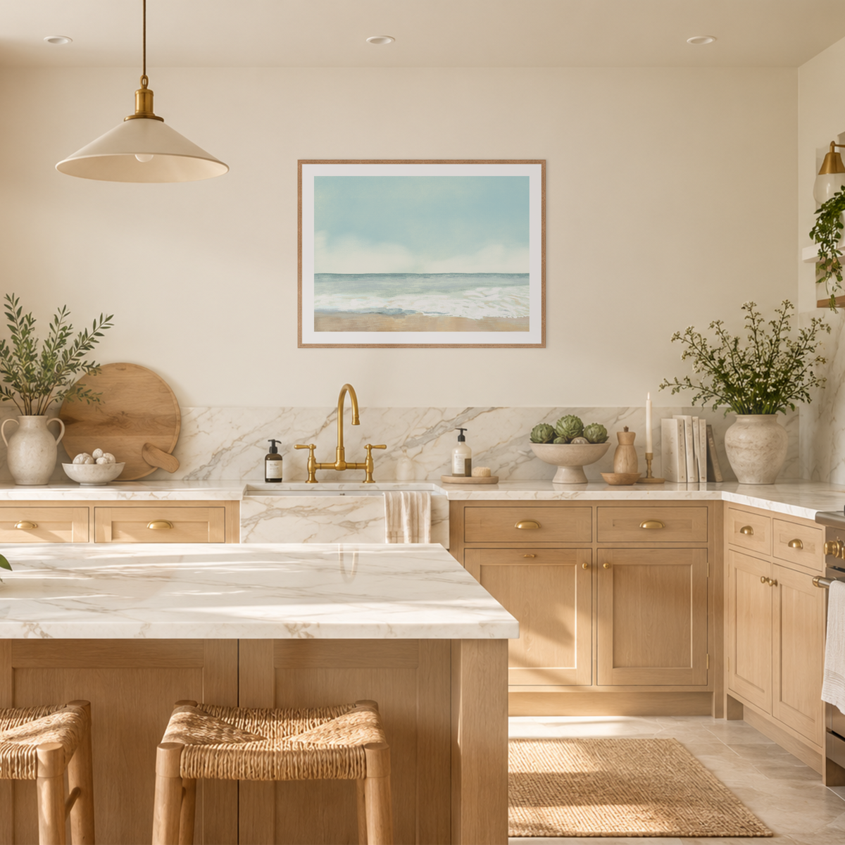 A bright, modern kitchen interior with light wood cabinetry, a white marble island, a brass faucet, and a framed ocean painting centered above the sink.