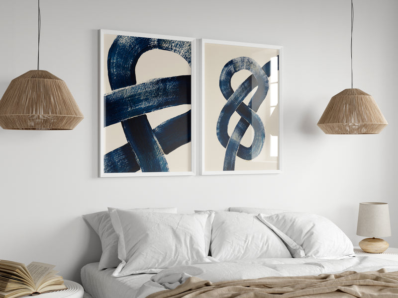 Abstract blue framed bedroom print on grey panelled wall - framed navy bedroom wall art