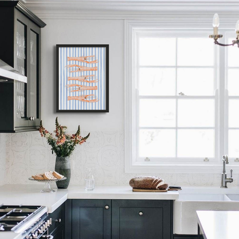 Langoustine Painting on Striped ackground | Kitchen Wall Art Print - Unframed
