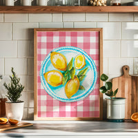 Lemon Painting on Red Gingham | Kitchen Wall Art - Framed