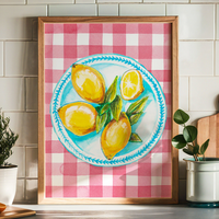 lemon kitchen painting - kitchen painting framed in natural wood frame