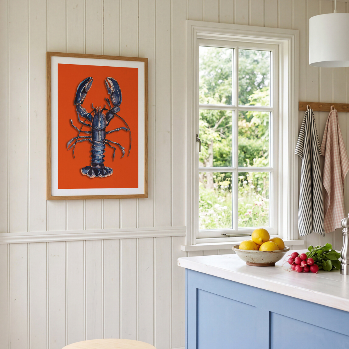 lobster art print framed in kitchen - colourful kitchen art print