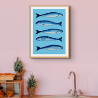Mackerel Painting | Kitchen Fish Art Print | Azure Blue - Framed
