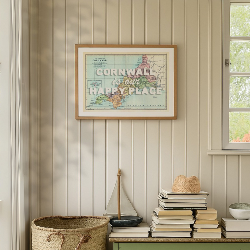 Cornwall is our Happy Place Quote on Vintage Cornwall Map Print - Framed
