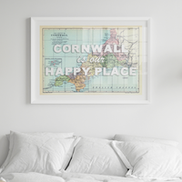 cornwall is our happy place map print above bed - vintage map print of cornwall