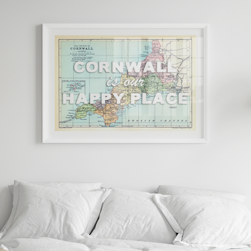 cornwall is our happy place map print above bed - vintage map print of cornwall