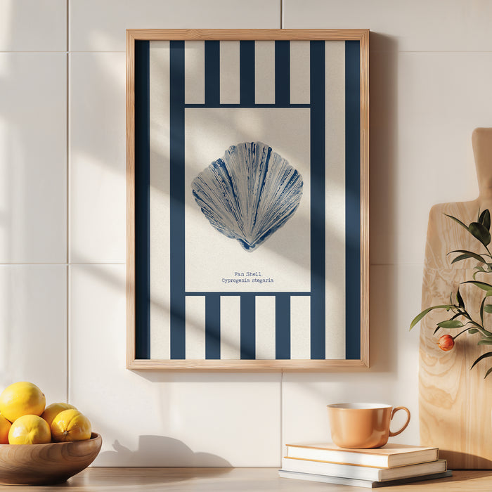 Watercolour Shell Art | Blue Art Fan Shell on Navy Stripe Print - Unframed