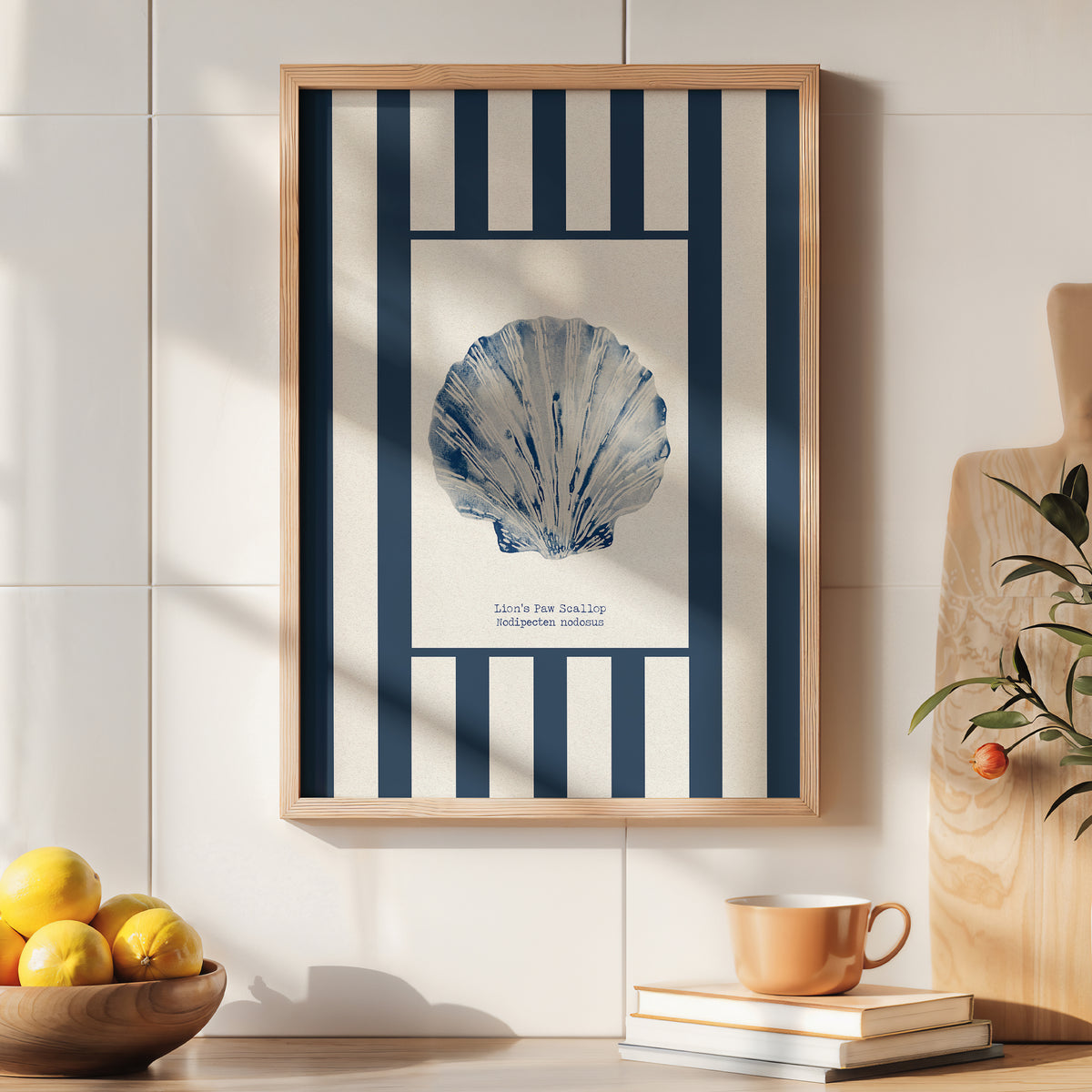 Watercolour Shell Art | Blue Art Scallop Shell on Navy Stripe Print - Unframed