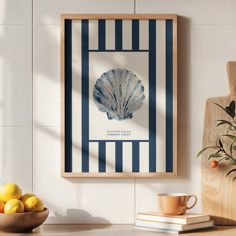 Watercolour Shell Art | Blue Art Scallop Shell on Navy Stripe Print - Unframed