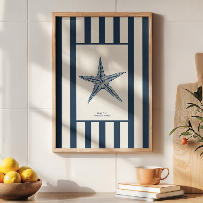 Watercolour Shell Art | Blue Art Starfish on Navy Stripe Print - Unframed