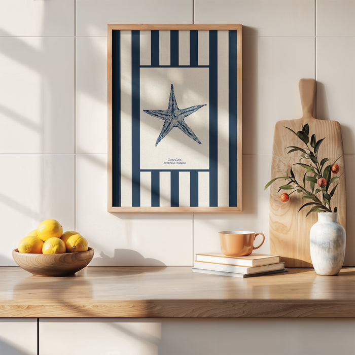 Watercolour Shell Art | Blue Art Starfish on Navy Stripe Print - Framed