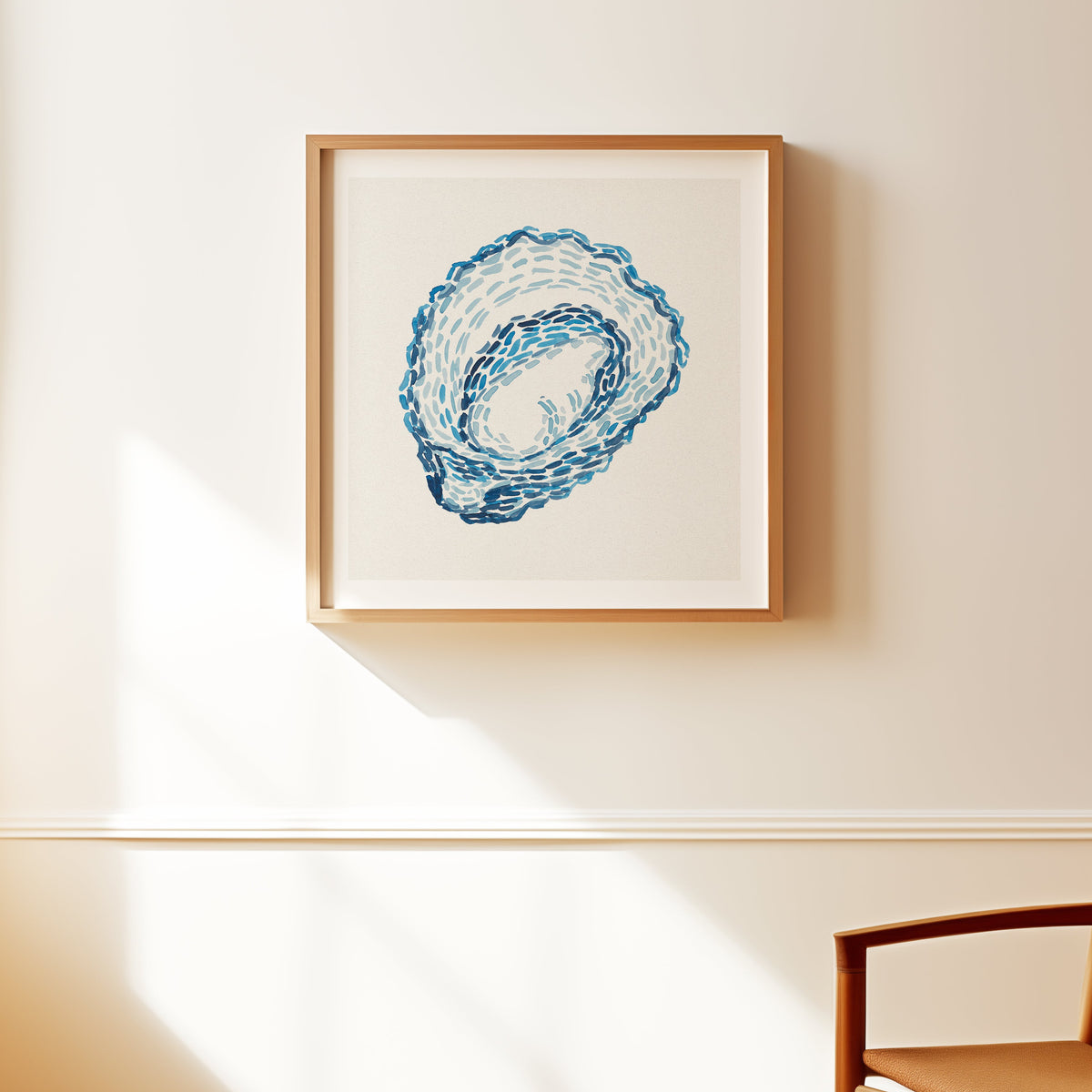 Framed oyster print on wall.