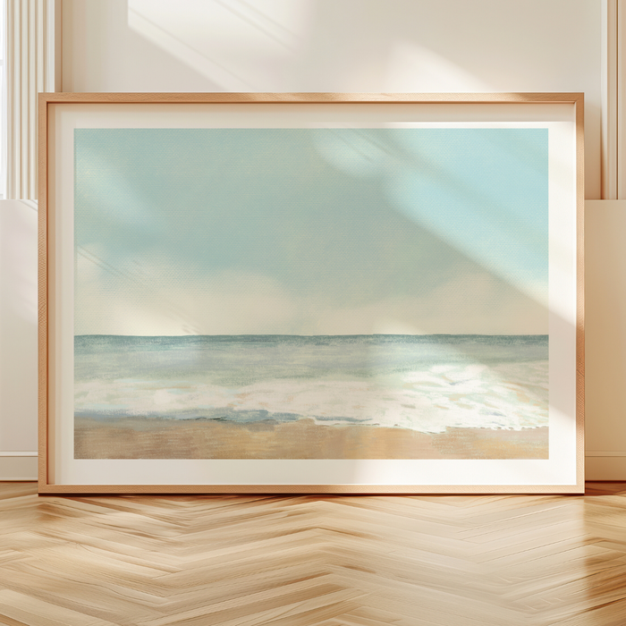 Soft pastel beach painting with seafoam tones and shoreline, framed coastal wall art