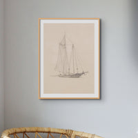 Schooner with Dinghy Drawing | Vintage Pencil Boat Wall Art Print - Framed Wall Art
