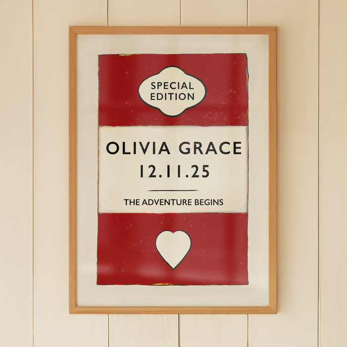 Personalised baby name nursery print new baby gift vintage book style wall art - Personalised baby name print with birth date and the adventure begins vintage book style