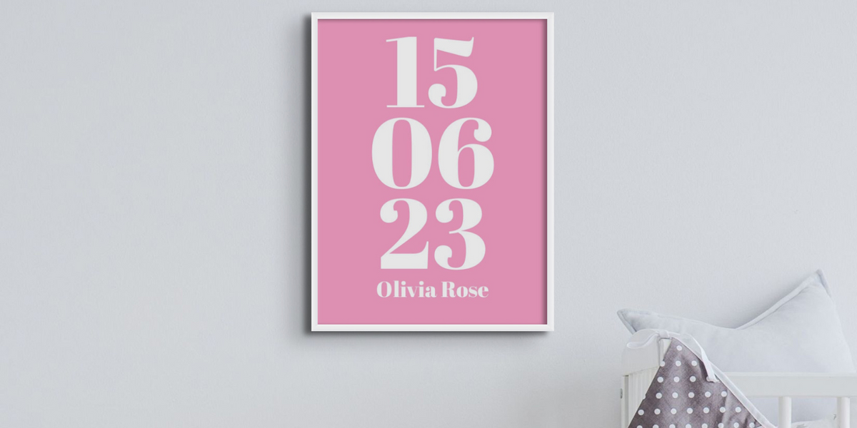 pink wall art print on wall in nursery - personalised date print in pink 
