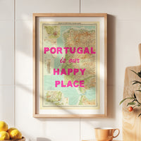 Framed map of Portugal with 'Portugal is our happy place' text on a wall.