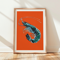 Colourful prawn art print - Framed artwork of a shrimp on an orange background