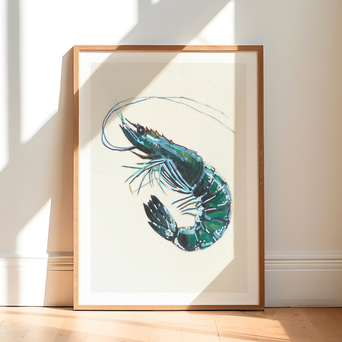 Blue prawn print in watercolour, framed shellfish wall art for kitchen interiors