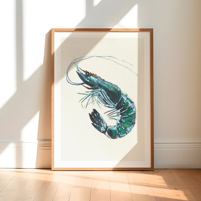 Prawn print in watercolour, framed shellfish wall art for kitchen interiors