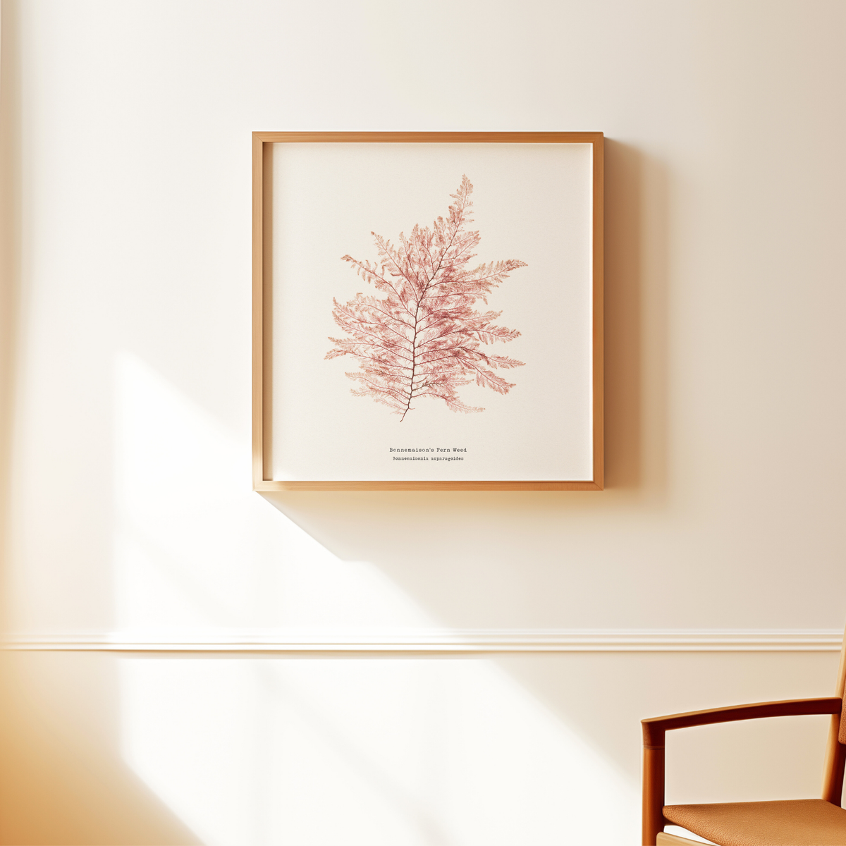Framed botanical print of a seaweed on a beige wall with a wooden chair.