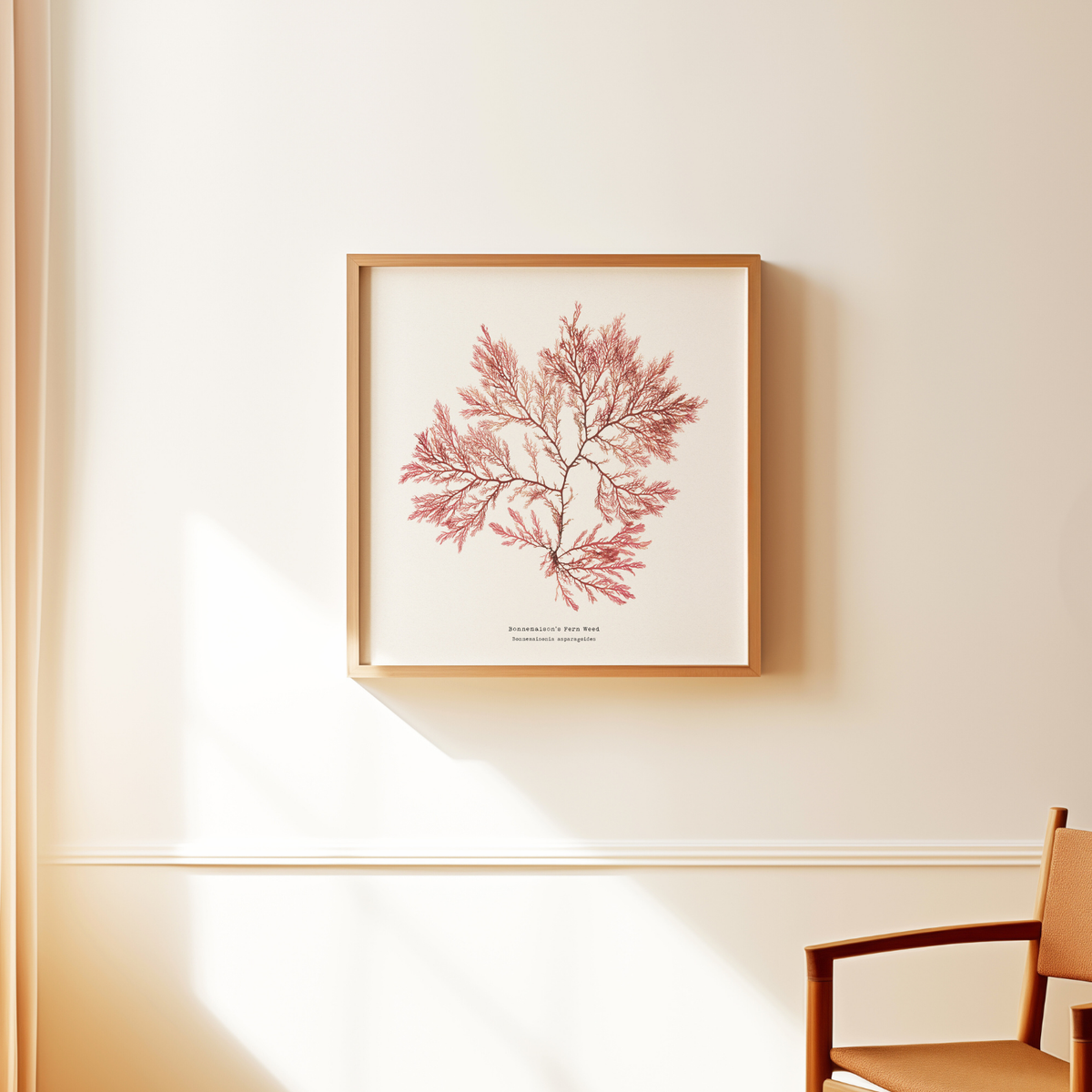 Framed artwork of pink seaweed on a beige wall with a wooden chair.