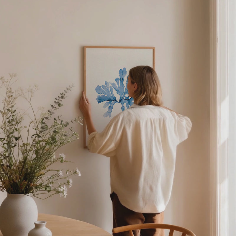 indigo seaweed painting framed on wall - seaweed print on wall