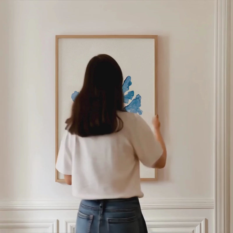 set of three indigo seaweed prints framed on wall with natural wooden frame - seaweed art