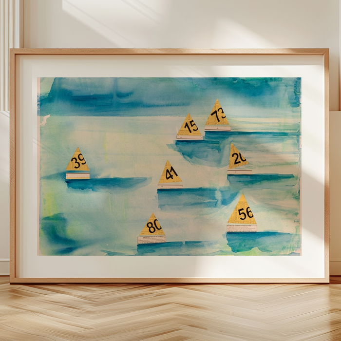 Mixed media sailing regatta artwork with boats featuring vintage map sails on a blue watercolour sea, coastal wall art print