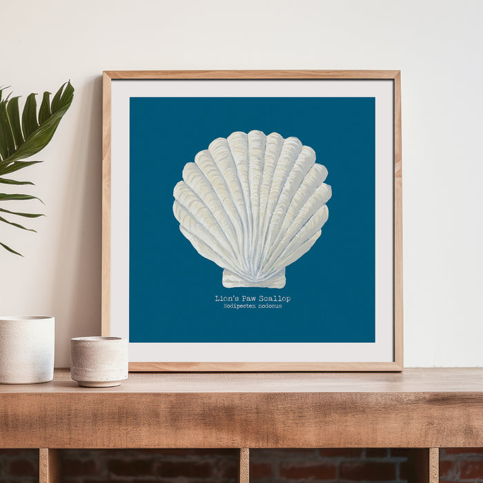Hand-painted Scallop Shell Art Print | Marine Blue Background - Unframed