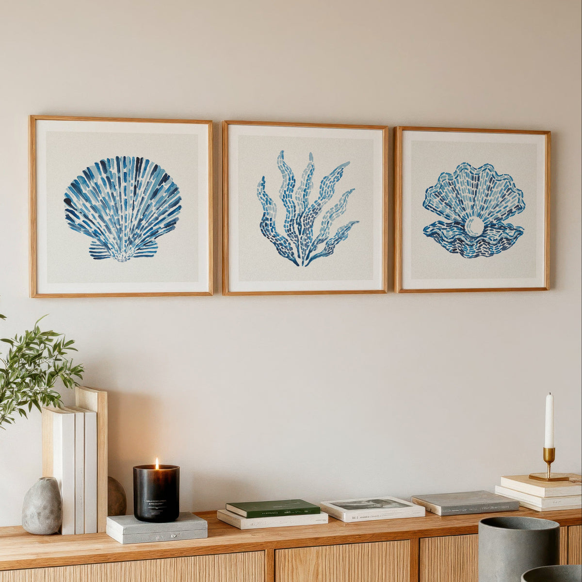 Set of three sealife coastal art prints in living room
