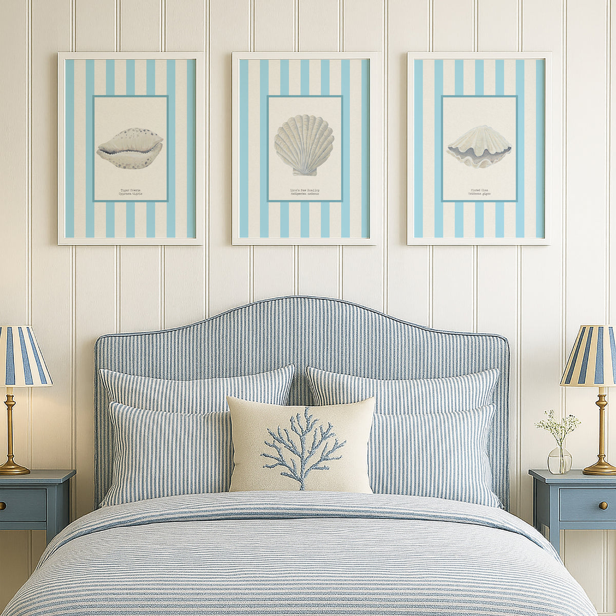 Hand-painted Cowrie Shell Art Print | Aqua-blue Stripe Background - Unframed
