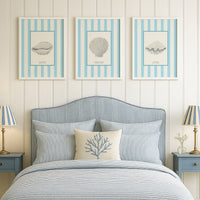 Hand-painted Cowrie Shell Art Print | Aqua-blue Stripe Background - Unframed
