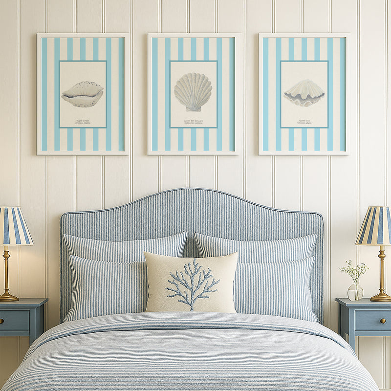 Hand-painted Cowrie Shell Art Print | Aqua-blue Stripe Background - Unframed