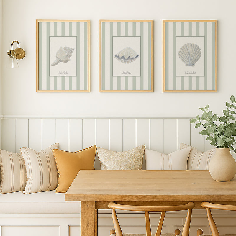 Hand-painted Clam Shell Art Print | Sea Moss Green Stripe Background - Unframed