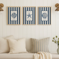 Watercolour Shell Art | Blue Art Scallop Shell on Navy Stripe Print - Unframed