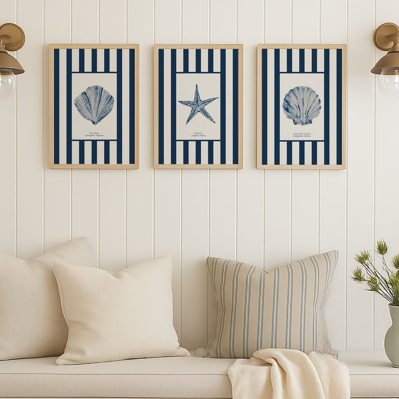 Watercolour Shell Art | Blue Art Scallop Shell on Navy Stripe Print - Unframed