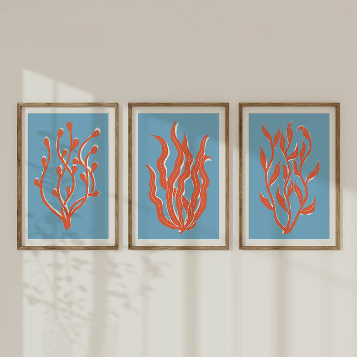 Set of Three Abstract colourful Lino Cut seaweed prints - Framed