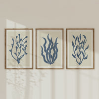 Set of Three abstract indigo Lino Cut seaweed prints - Framed