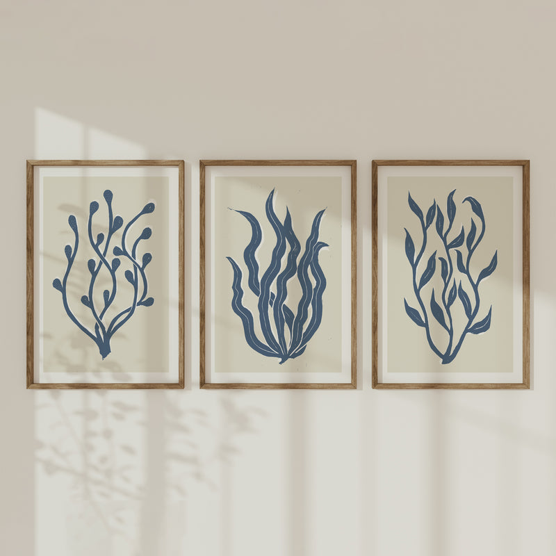 Set of Three abstract indigo Lino Cut seaweed prints - Framed