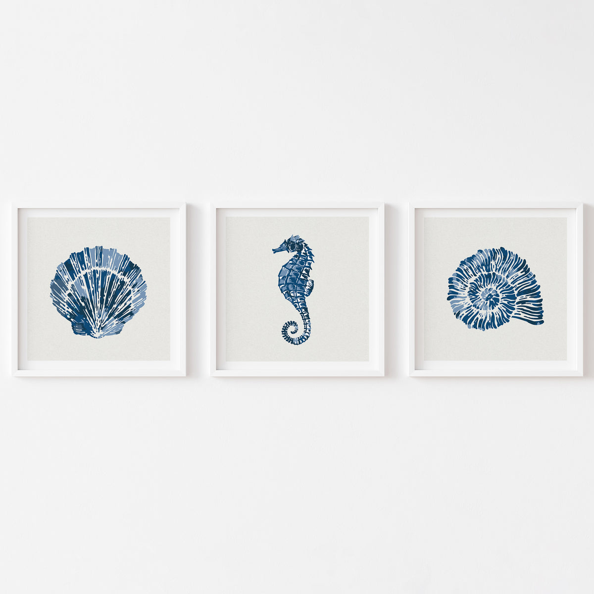 Set of Three Indigo Shell and Seahorse Art Prints - Framed