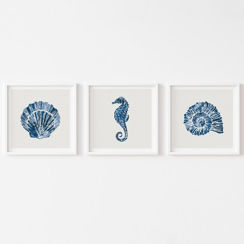 Set of Three Indigo Shell and Seahorse Art Prints - Framed