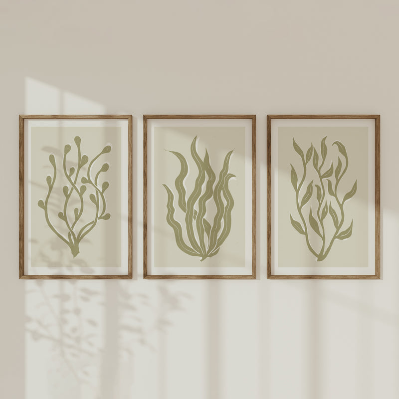 Set of Three Abstract Neutral Lino Cut seaweed prints- Framed