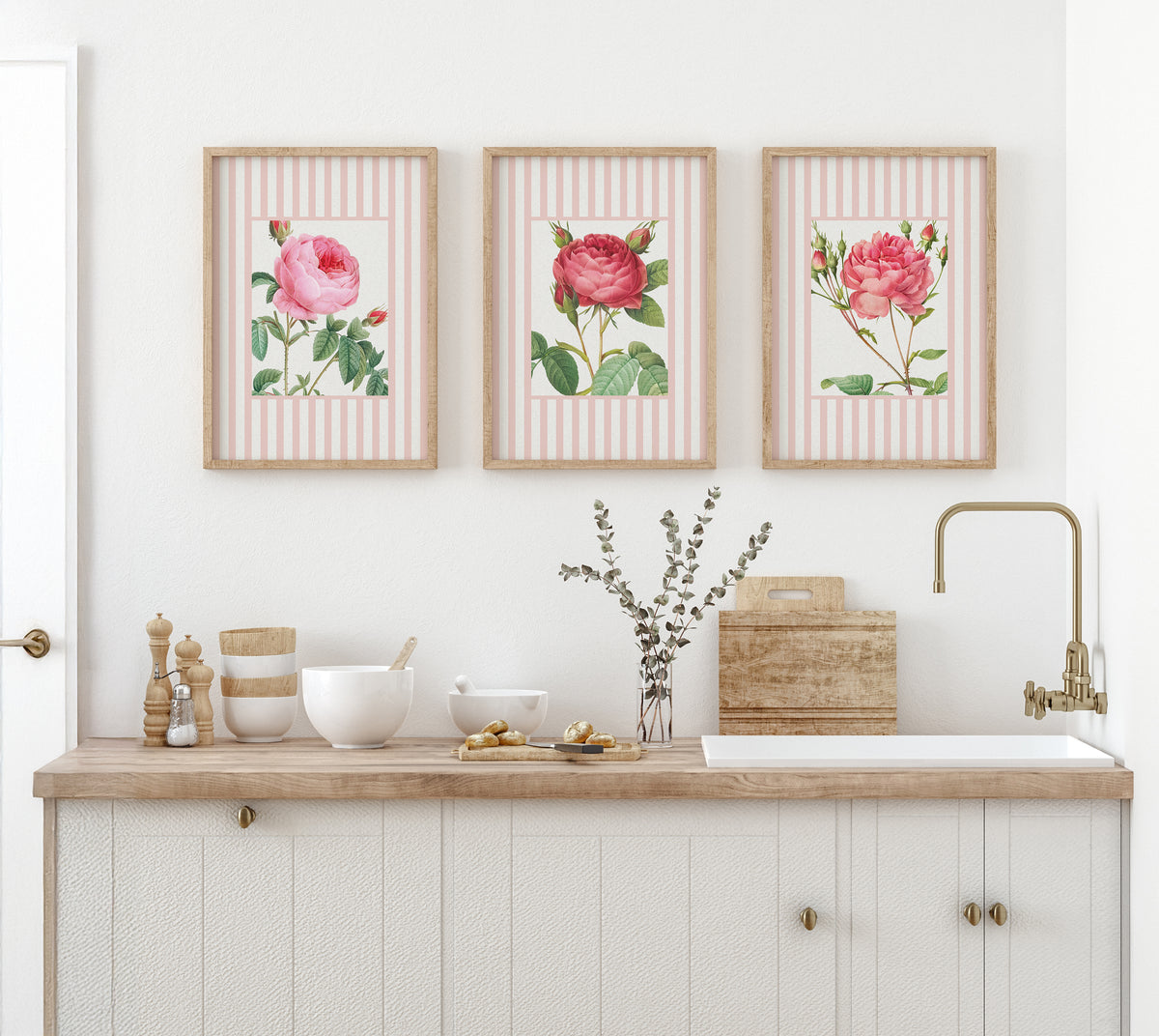 Vintage Rose 3 | Vintage Flower Art Print | Pink Stripe - Unframed