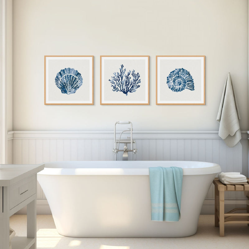 set of three coral and shell art prints in bathroom- three indigo coastal art print on wall above roll top bath