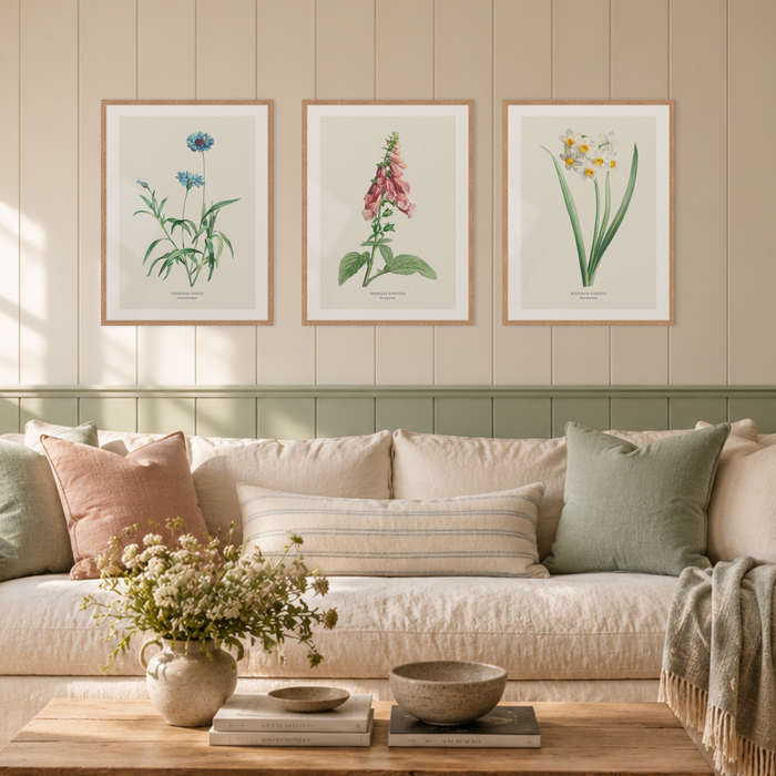 a set of three flower art prints in cosy living room