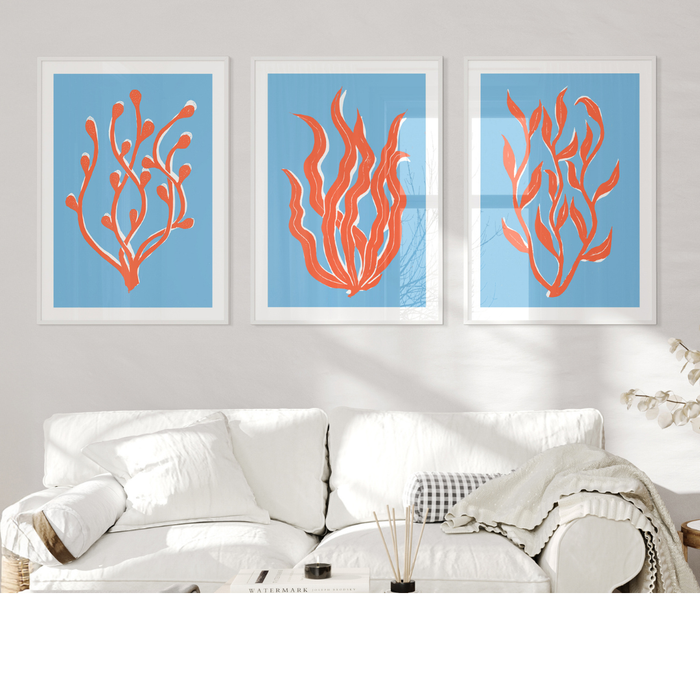 Set of Three Abstract Colourful Lino Cut seaweed prints - Unframed