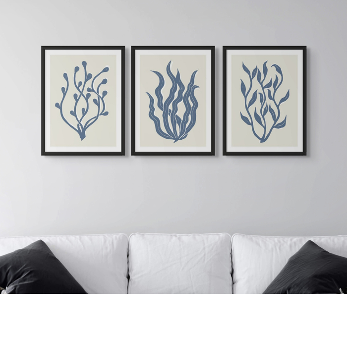 Set of three abstract indigo Lino Cut seaweed prints  - Unframed