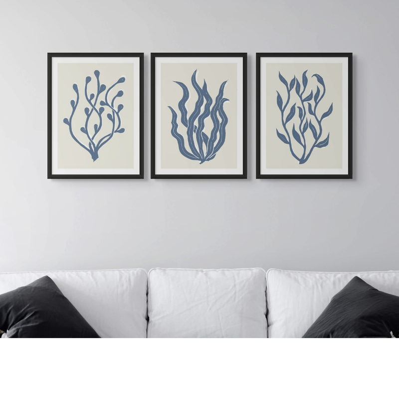 Set of three abstract indigo Lino Cut seaweed prints  - Unframed